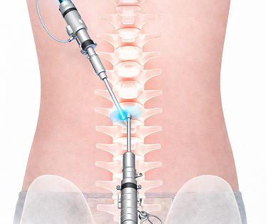 양방향 접근으로 기구 삽입을 위해 뼈를 절제하는 척추내시경 시술 이미지